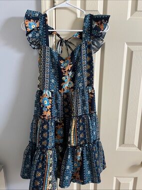 Floral Tiered Mini Dress with Ruffle Straps - Navy Blue